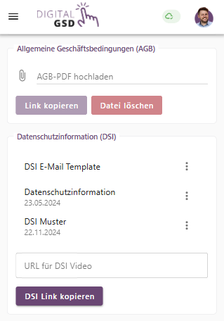 Screenshot in Digital GSD: Verwaltung von AGB-PDF und Datenschutzinformationen (DSI) mit Vorlagen wie DSI E-Mail-Template und DSI Muster