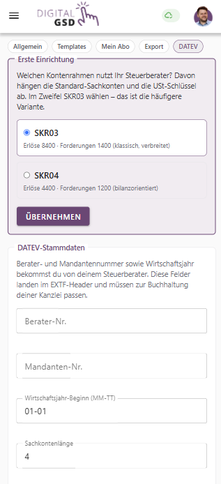 Screenshot der DATEV-Einrichtung in Digital GSD: Auswahl des Kontenrahmens SKR03/SKR04 sowie DATEV-Stammdaten wie Berater-Nr., Mandanten-Nr. und Wirtschaftsjahr