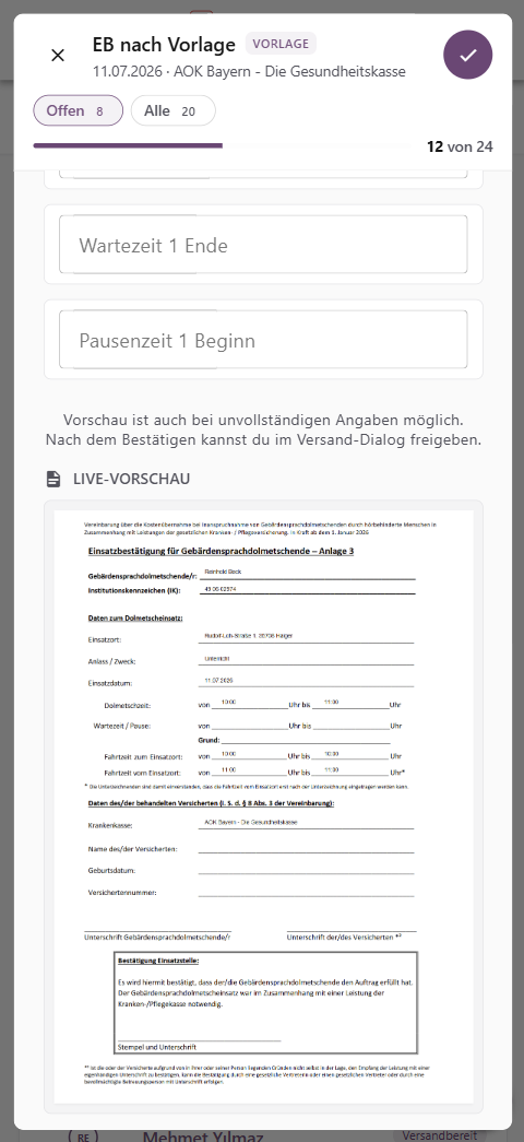 Screenshot „EB nach Vorlage“ in Digital GSD: Einsatzbestätigung für Gebärdensprachdolmetschende (AOK Bayern) mit Live-Vorschau des ausgefüllten Formulars