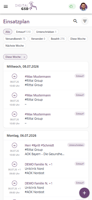 Screenshot des Einsatzplans in Digital GSD: Terminliste mit Status-Filtern wie Entwurf, Unterschrieben, Versendet und Bezahlt
