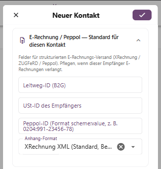Screenshot der eRechnung-Einstellungen in Digital GSD: E-Rechnung / Peppol mit Leitweg-ID, USt-ID, Peppol-ID und Anhang-Format XRechnung XML