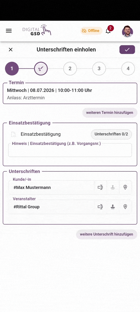 Animation: Unterschriften-Prozess in Digital GSD im Offline-Modus — Termin, Einsatzbestätigung und Signaturen ohne Internetverbindung