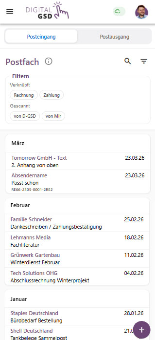 Screenshot des Postfachs in Digital GSD: gescannte Post nach Monat sortiert, mit Filtern und Kennzeichnung, ob von D-GSD oder selbst gescannt