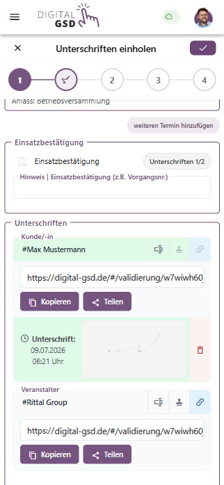 Screenshot des Prozesses „Unterschriften einholen“ in Digital GSD: Signatur-Link für Kunde und Veranstalter zum Kopieren und Teilen, mit bereits geleisteter Unterschrift