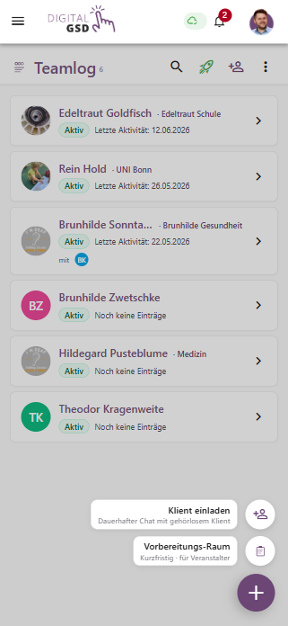 Screenshot des Teamlog in Digital GSD: Liste der Klienten mit Status, letzter Aktivität sowie Optionen Klient einladen und Vorbereitungs-Raum