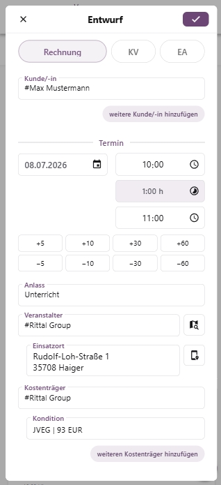 Screenshot der Termin-Erfassung in Digital GSD: Kunde, Datum, Zeit, Anlass, Veranstalter, Einsatzort, Kostenträger und Kondition